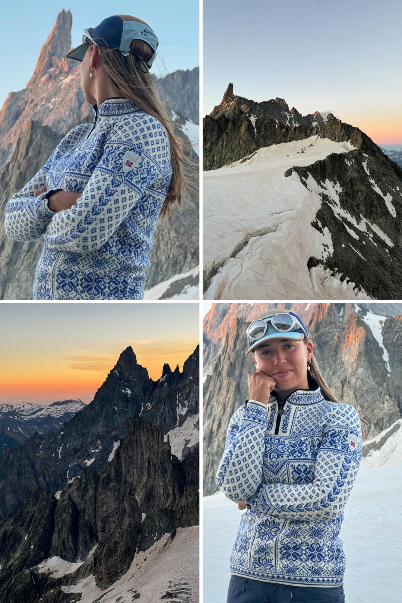 Oda Sørebø wearing the blue and white Peace knitted sweater