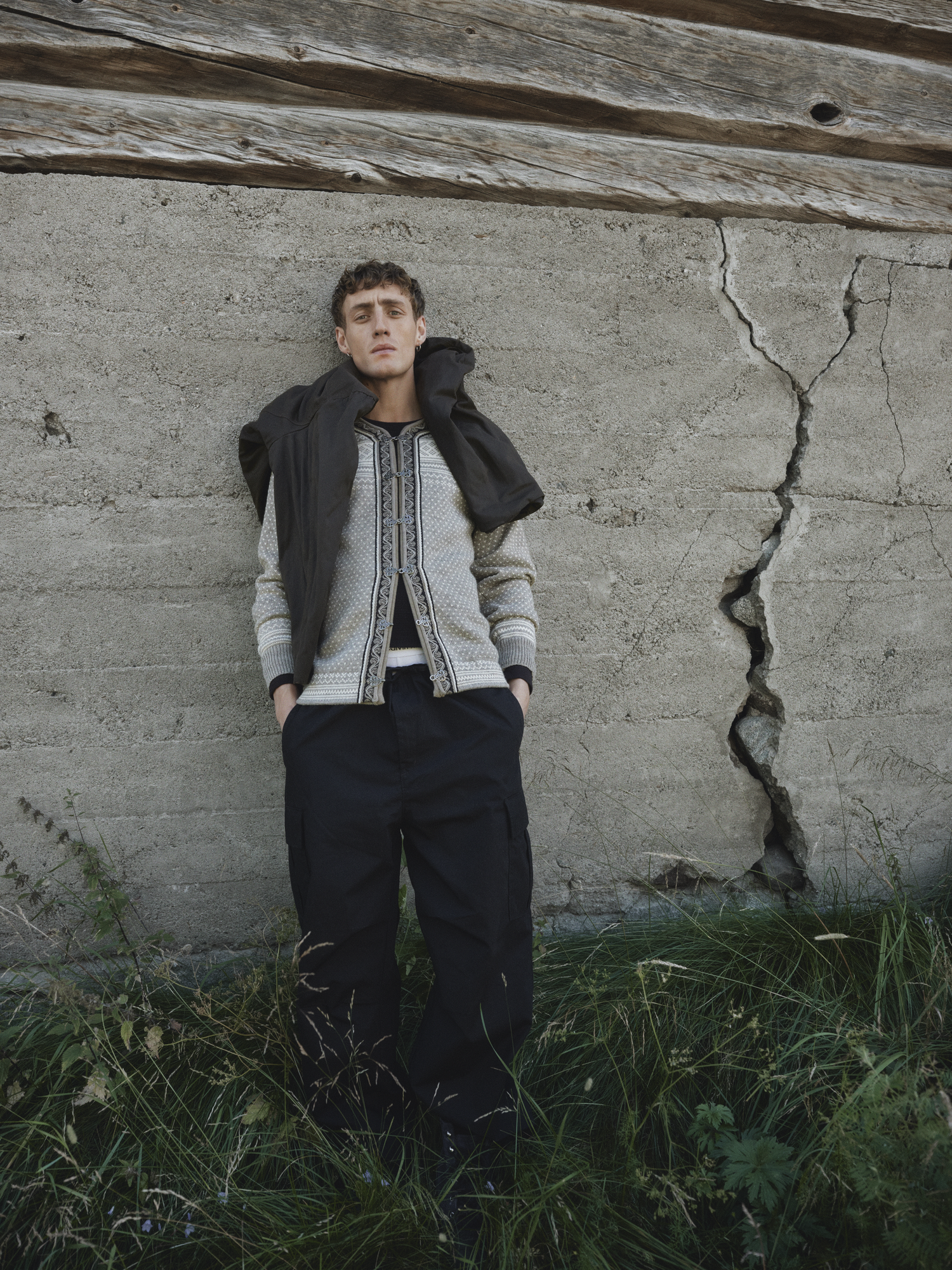 Male model wearing wool cardigan undyed Setesdal