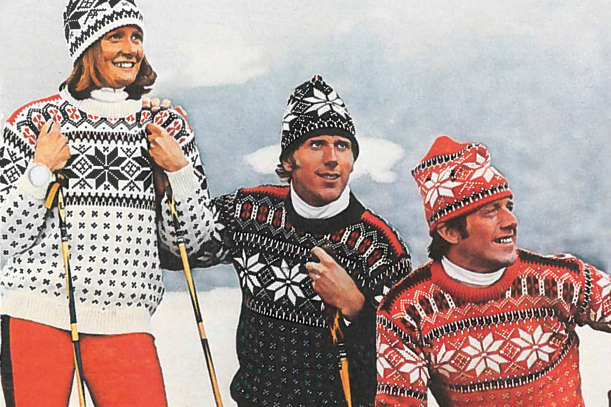 Skiers wearing the 1978 World Ski Championship sweater. World Ski Championships - Vysoké Tatry, former Czechoslovakia, now Slovakia.