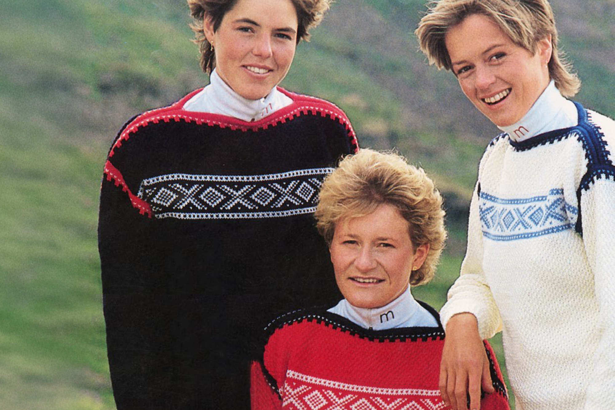 Ski athltetes wearing World ski championships sweater from Dale of Norway. 1985 World Ski Championships - Seefeld, Austria.