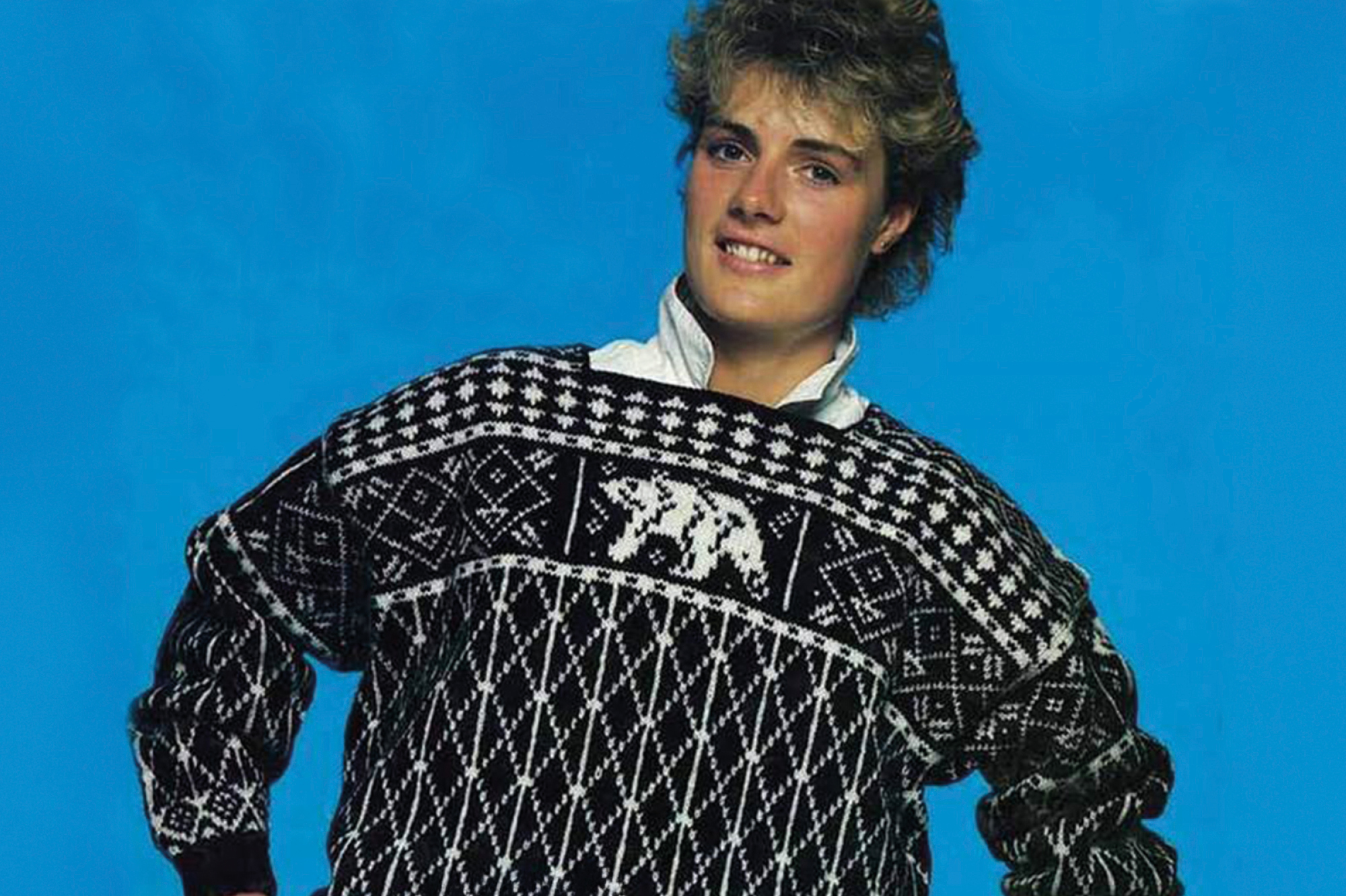 Athlte wearing the 1987 world ski championship sweater. 1987 World Ski Championships - Oberstdorf, Germany.