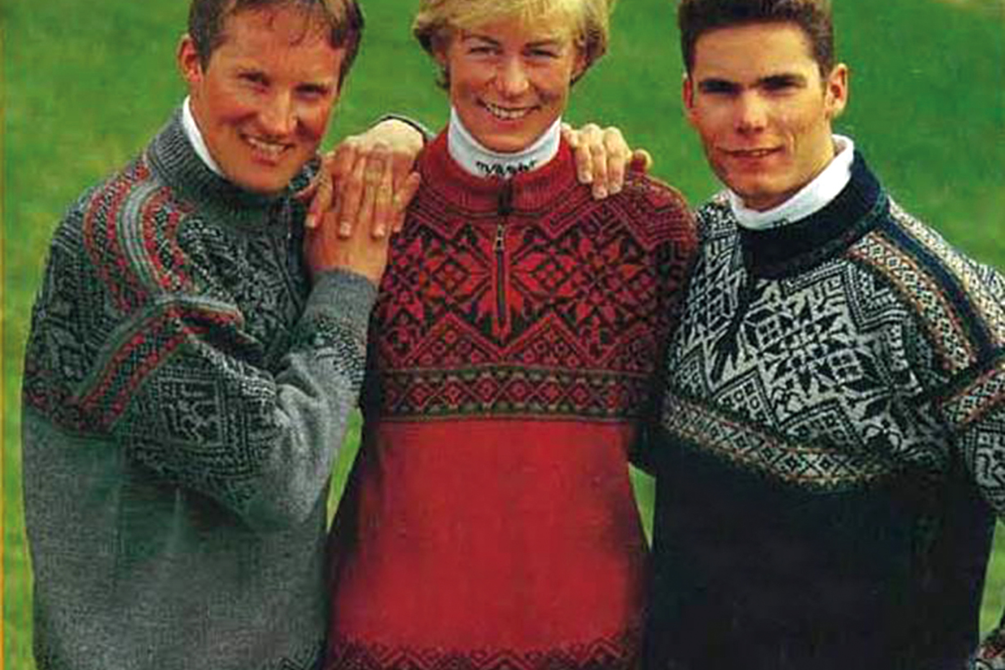 Bildet viser de norske langrennsutøverne Vegard Ulvang, Marit Wold og Thomas Alsgaard i den offisielle VM-genseren. Bay, Canada 1995